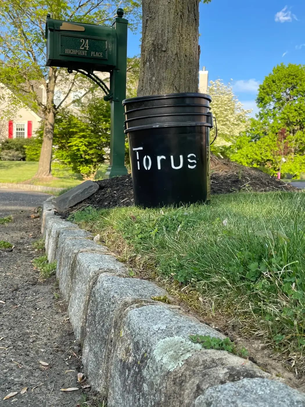 A Torus compost bucket set out by a residential mailbox for curbside pickup.