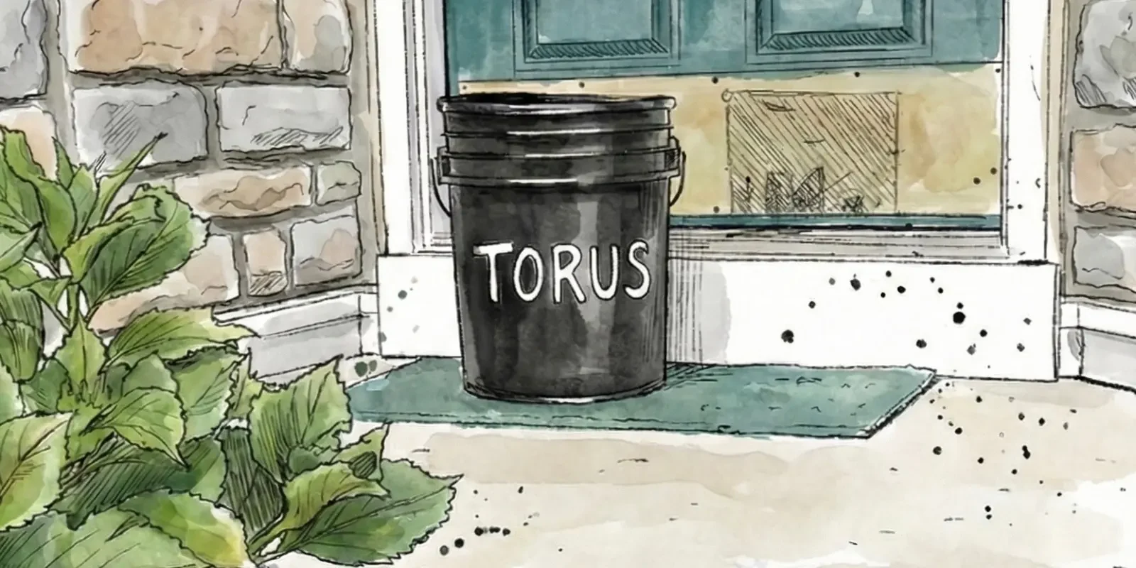 Illustration of a Torus compost bucket on a household front doorstep