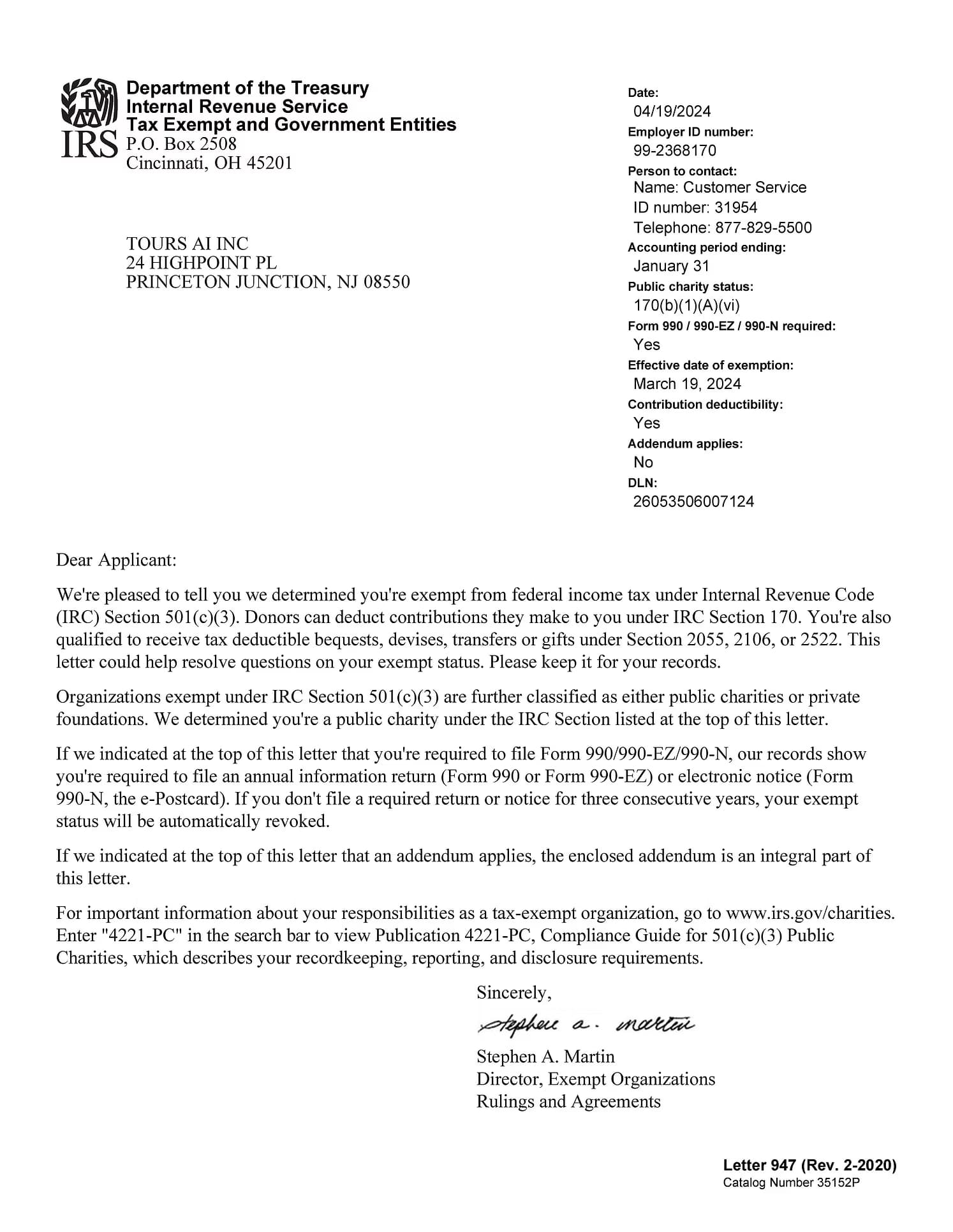 Torus 501(c)(3) IRS nonprofit determination letter