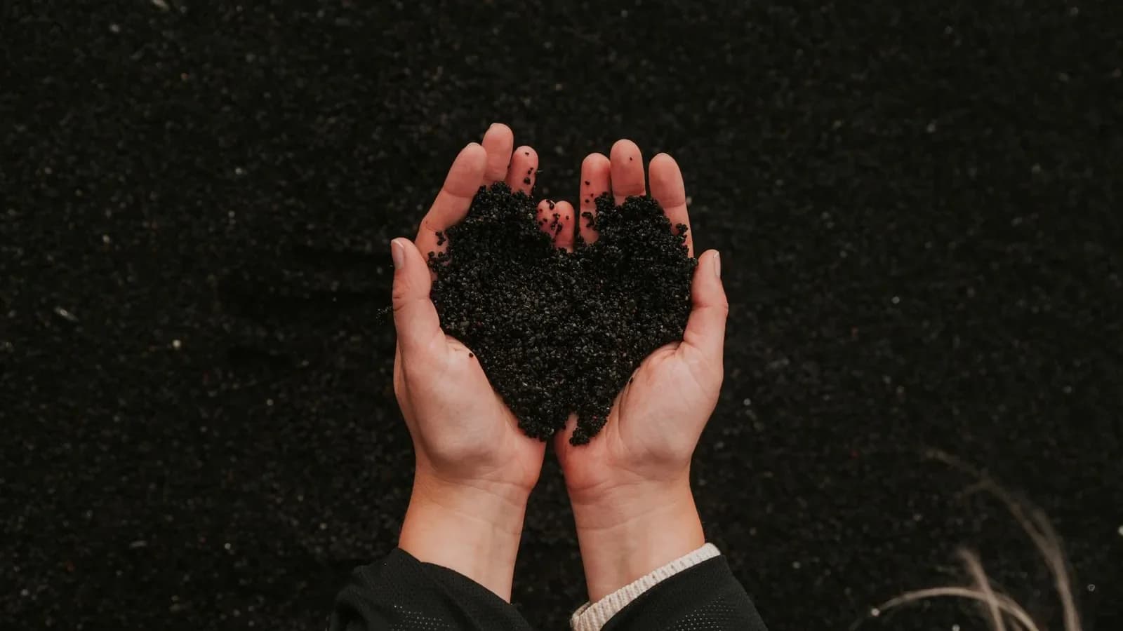 Hands holding dark finished compost above healthy soil, illustrating stable organic matter.