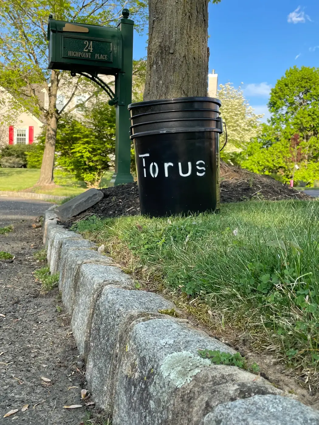 A Torus compost bucket set out by a residential mailbox for curbside pickup.