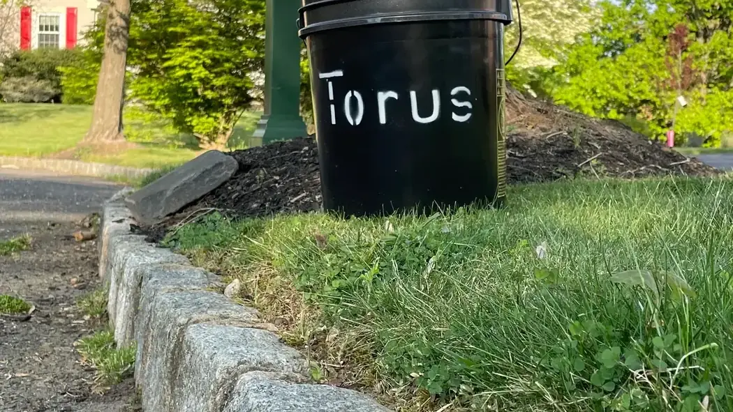 A Torus compost bucket set out by a residential mailbox for curbside pickup.