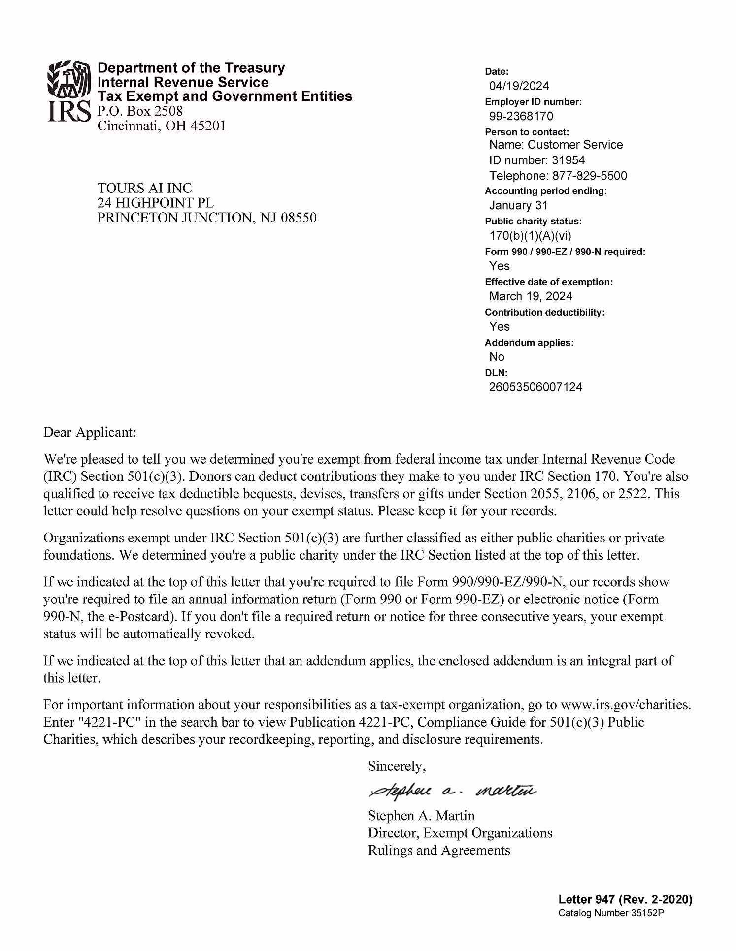 Torus 501(c)(3) IRS nonprofit determination letter